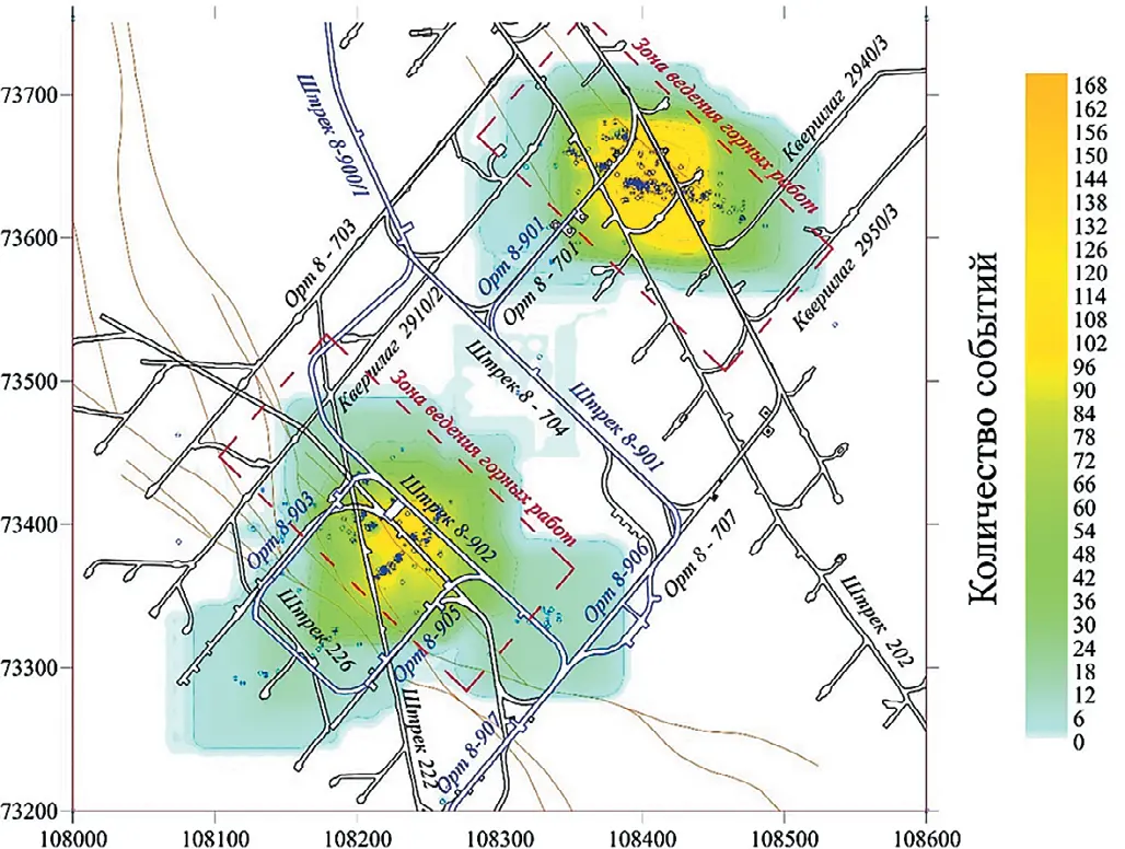 Рис. 3 Карта распределения  сейсмоакустической  активности в массиве  месторождения МалоТулукуевское в период с 2022  по 2024 г. в проекции IX гор. Fig. 3 A distribution map of seismic  and acoustic activity in the  Malo-Tulukuyevskoye field  rock mass in the period from  2022 to 2024 as projected  to Level IX