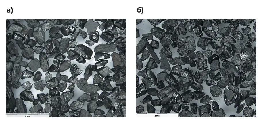 Рис. 1 Микрофотография общего  вида легкой фракции  (ρ < 1,5 г/см3) для пробы 1 (а) и  2 (б). Класс 0,5–1 мм Fig. 1 A microphotograph of a  general view of the light  fraction (p < 1.5 g/cm3)  for Samples 1 (а) and 2 (б).  Grade 0.5-1 mm