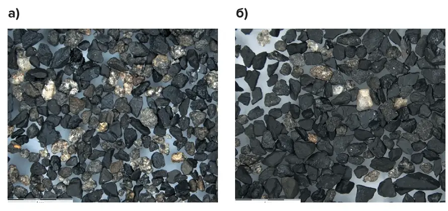 Рис. 2 Микрофотография общего  вида тяжёлой фракции  (ρ > 2,0 г/см3) для пробы 1 (а) и  2 (б). Класс 0,5–1 мм Fig. 2 A microphotograph of a  general view of the heavy  fraction (p > 2.0 g/cm3)  for Samples 1 (а) and 2 (б).  Class 0.5–1 mm