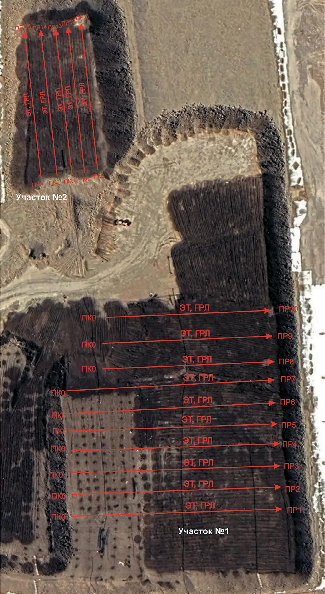 Рис. 3 Схема георадиолокационных и  электроразведочных профилей  на поверхности участков  исследований Fig. 3 Layout of the GPR and  electrical prospecting profiles  on the surface of the surveyed  areas