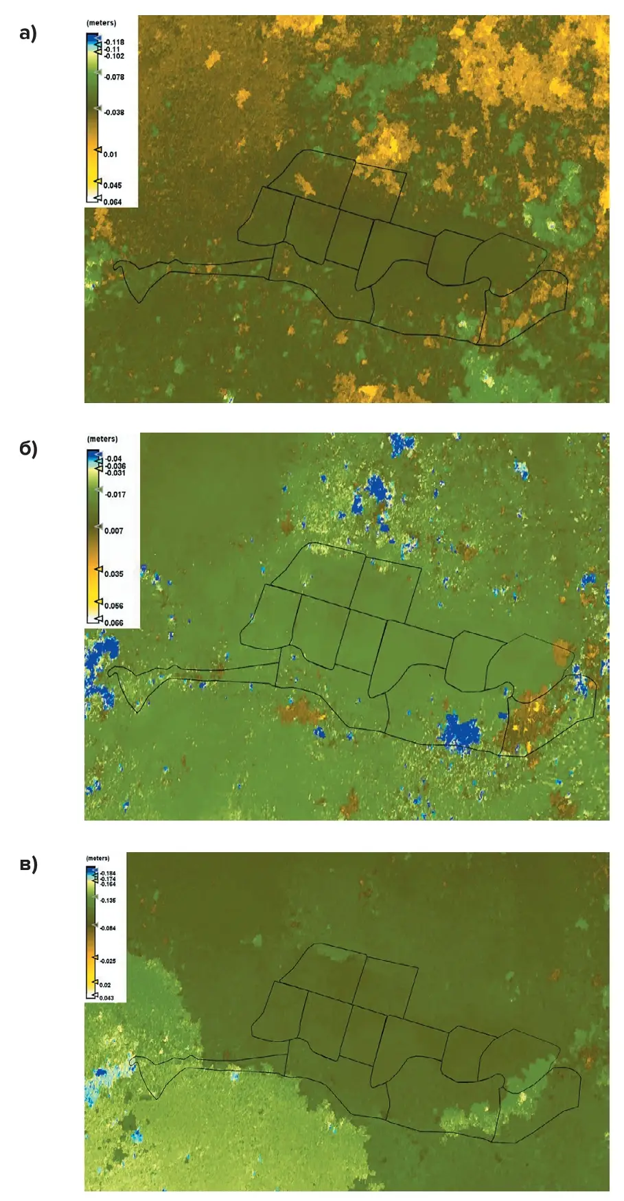 Рис. 6 Визуализация динамики  деформаций земной  поверхности до аварии на  территории дражного  полигона Ирелях:  а – 14 июля 2018 г.,  б – 26 июля 2018 г.,  в – 7 августа 2018 г.) Fig. 6 Visualization of the  dynamics of ground  surface deformations prior  to the accident at the  Irelyakh dredge site:  a – July 14, 2018,  б – July 26, 2018,  в – August 7, 2018)