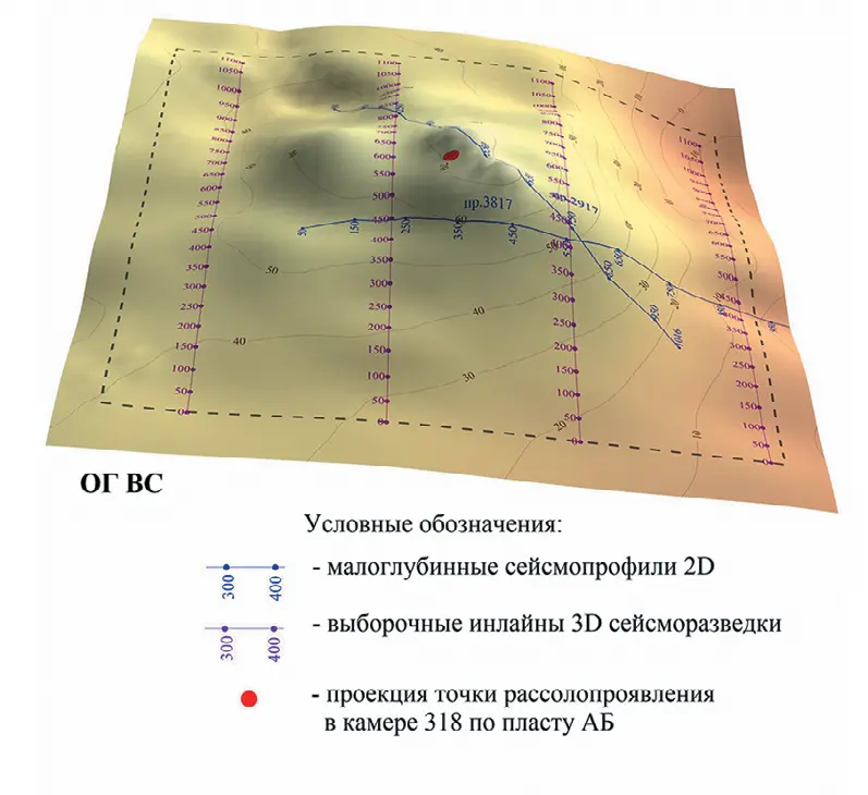 Рис. 1 Пример результатов обработки  сейсморазведочных данных:  а – временной разрез ОГТ и  его скоростная характеристика;  б – структурный план кровли  соляной толщи по данным 2D,  3D сейсморазведки Fig. 1 An example of seismic data  processing results:  а – stacked seismic data of  the common-depth-point  method (CDP) and its velocity  characteristics; б – structural  geometry of the top of the salt  layer based on the 2D and 3D  seismic data 