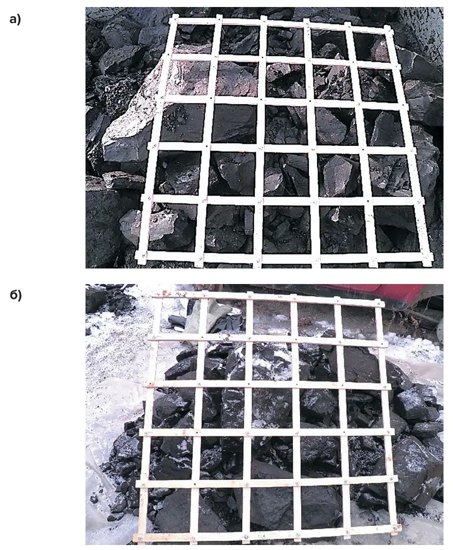 Рис. 1 Крупность угля в забое в  холодный период года:  а – в автотранспорте,  б – в навале (ячейки решётки  300*300 мм) Fig. 1 Coal particle size in the mine  during the cold seasons:  (а) transported by motor  vehicles, (б) bulk (the mesh  size of 300*300 mm)