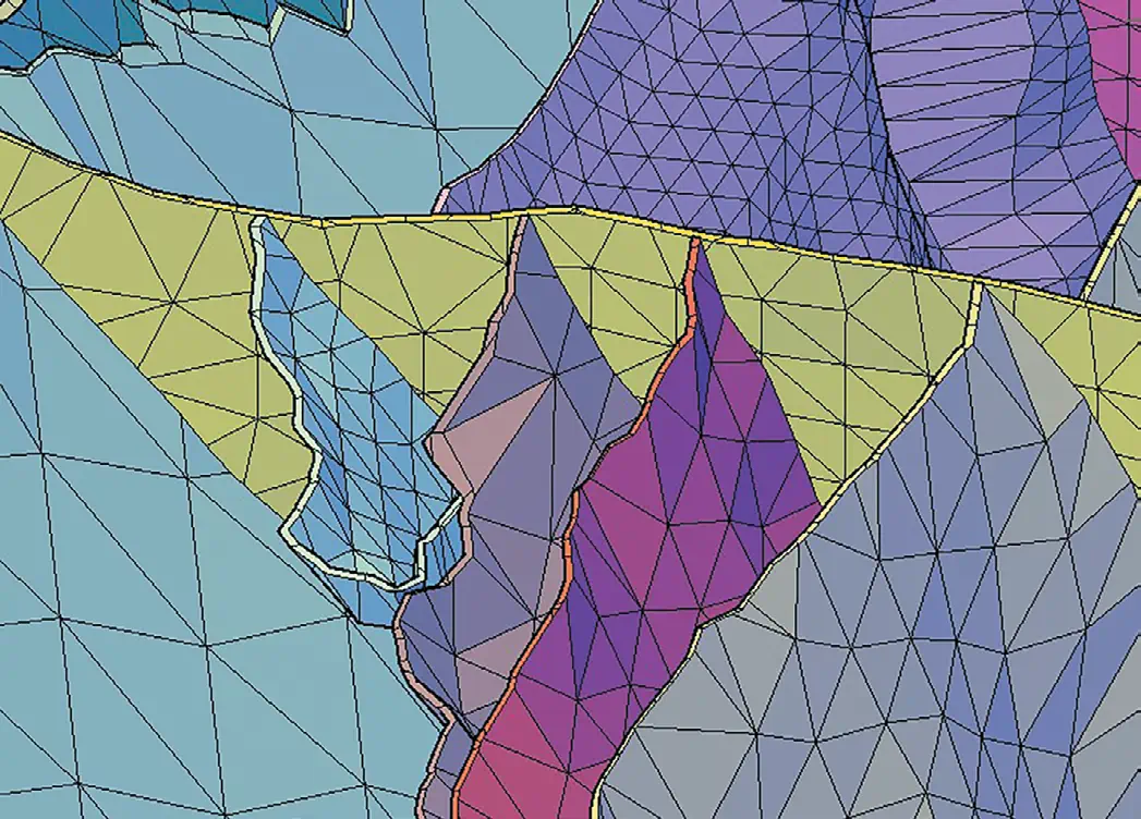 Рис. 1 Сопряжение тектонических  нарушений, моделируемых  твердыми телами Fig. 1 Integration of tectonic faults  modeled by rigid bodies