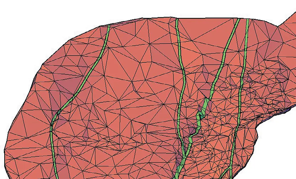 Рис. 2 Участки пересечения  тектонических нарушений и  отрабатываемого массива  (зеленый цвет) Fig. 2 Intersection areas of tectonic  faults and the mined rock  mass (green color)