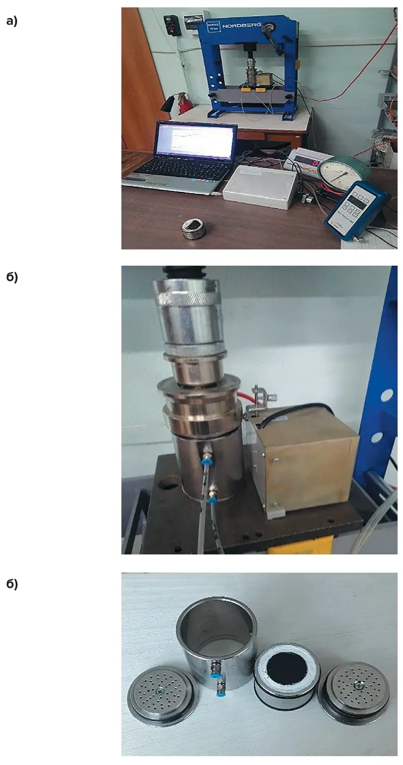 Рис. 3 Фотографии стенда для  исследования «поршневого  механизма»:  а ― фотография пресса;  б ― металлический модуль  с угольным образцом внутри;  в ― угольный образец,  вклеенный в металлический  модуль Fig. 3 Photographic images  of the test bench for studying  the “piston mechanism”:  а - a photographic image  of the press;  б - a metal module with  a coal sample inside;  в - a coal sample glued into  a metal module