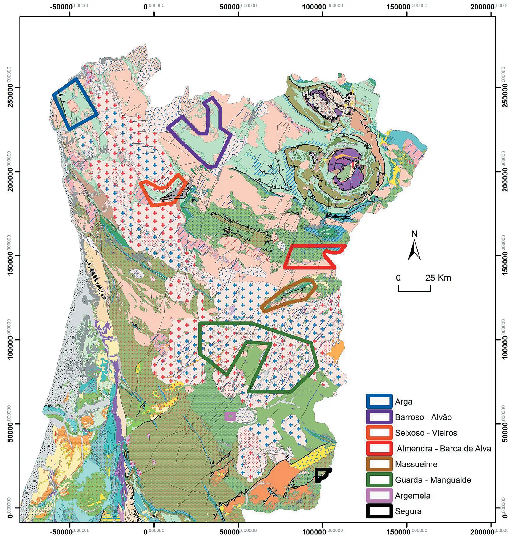 Рис. 1 Основные перспективные  районы залежей лития  в Северной и Центральной  Португалии Источник: Laboratorio Nacional de Energia e  Geologia. Available at: https://lneg.pt Fig. 1 Main regions with lithium  prospects in the Northern  and Central Portugal Source: Laboratorio Nacional de Energia  e Geologia. Available at: https://lneg.pt