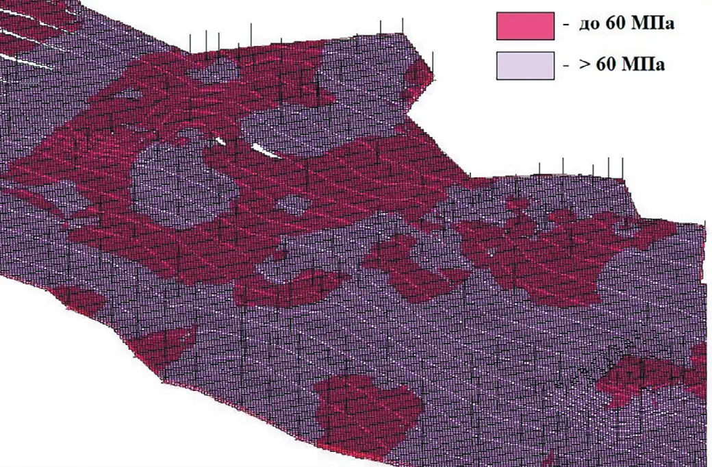 Рис. 2 Расположение технологических  зон с различной прочностью  пород Северо-Западного  участка Эльгинского  каменноугольного  месторождения (горизонт 900  – кровля междупластия Н16–Н15) Fig. 2  Location of the technological  zones with different rock  strengths in the northwestern  section of the Elga coal  deposit (Level 900 –  interlayer roof N16-N15)