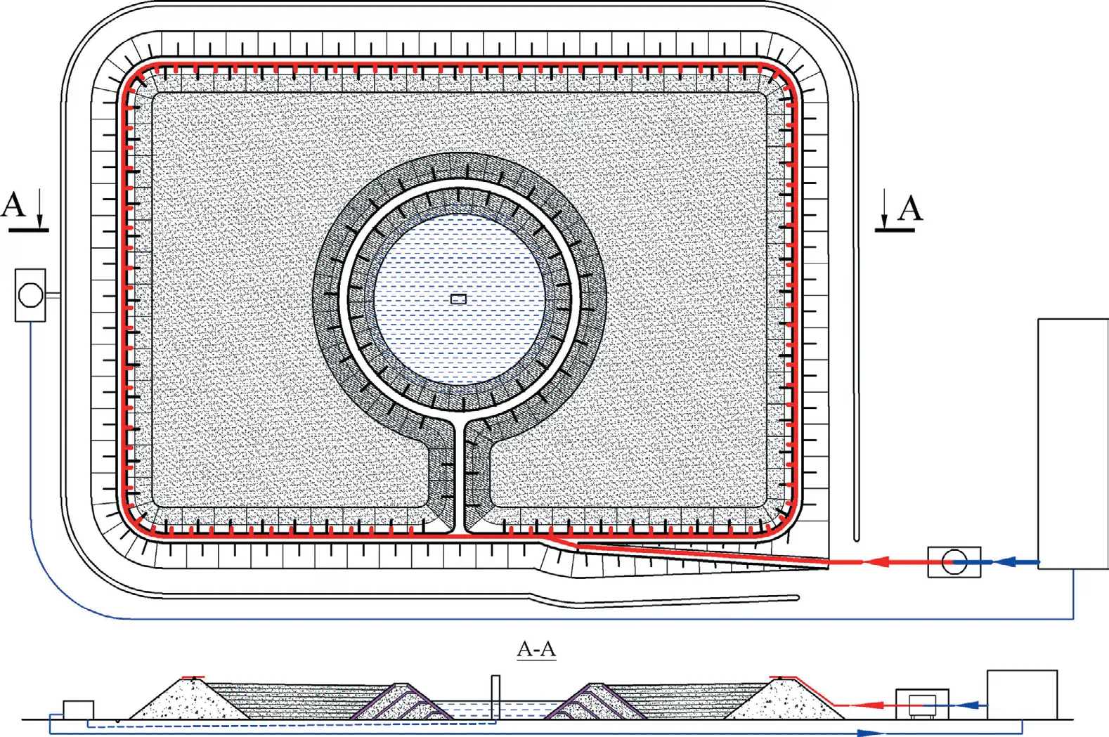 Рис. 4 Схема  хвостохранилища  с изолированной  прудковой зоной Fig. 4 A layout of a tailing  dump with an  isolated pond area