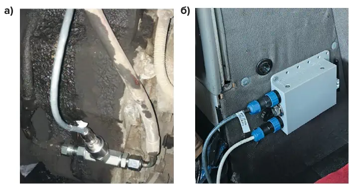 Рис. 2 Комплекс аппаратно-программных средств мониторинга работоспособности моторного  масла: а – монтаж сенсора в  масляный контур двигателя;  б – модуль сбора и передачи  данных на пульт оператора Fig. 2 The hardware and software  suite for monitoring the performance of engine oil:  a – a sensor installed in the  engine oil circuit; б – a module for collecting and transmitting data to the operator’s  control panel