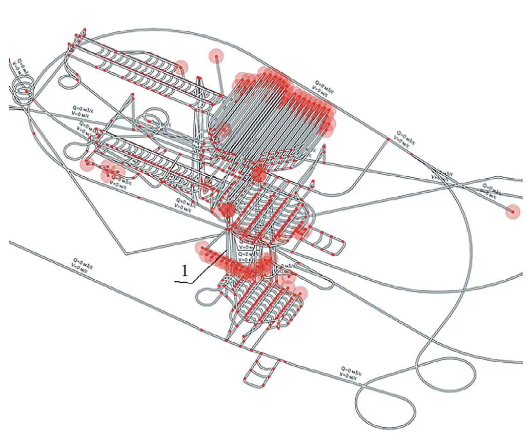 Рис. 3 Узел соединения нескольких выработок и общей вентиляционной выработки в косоугольной проекции Fig. 3 A junction of several workings and a common ventilation working in the oblique projection