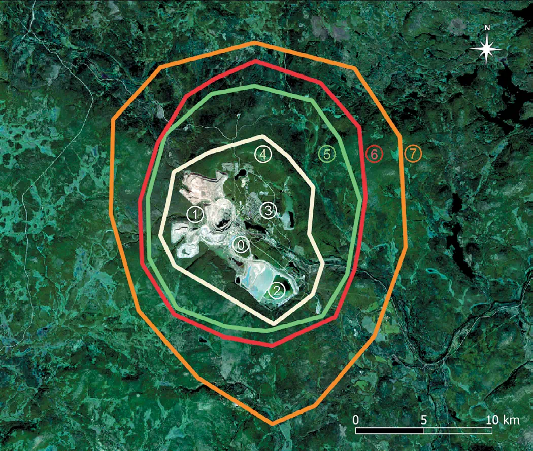 Рис. 3&nbsp;Предельные контуры измененного состояния и восстановления природных экосистем, нарушенных при разработке Ковдорского месторождения барделемт-апатит-магнетитовых руд, с учетом обмотических факторов: 0 – условный центр источника техногенного воздействия; 1 – карьер; 2 – хвостохранилище; 3 – город; 4 – контур измененного состояния растительного покрова; 5 – контур восстановления природных экосистем; 6 – контур техногенного загрязнения атмосферы оксидами азота; 7 – контур аэрозольного загрязнения атмосферы Fig. 3&nbsp;Limiting boundaries of the altered state and restoration of the natural ecosystems disturbed during the development of the Kovdorsky deposit of baddeleyite-apatite-magnetite ores, with account of the abiotic factors: 0 – conditional center of the man-made impact source, 1 – open-pit mine, 2 – tailings dump, 3 – city, 4 – boundaries of the vegetation cover with the altered state, 5 – boundaries of the natural ecosystems with the restored state, 6 – boundaries of the man-caused pollution of the atmosphere with nitrogen oxides, 7 – boundaries of the aerosol pollution of the atmosphere