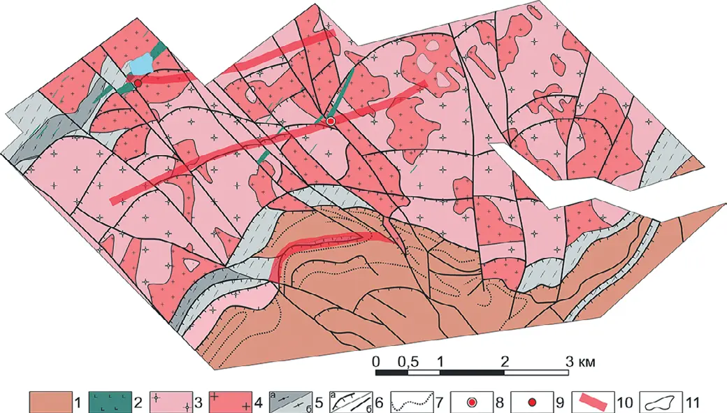 Рис. 1 Геологическая схема перспективного участка Туюкан  (по материалам ФГБУ «ВИМС»): 