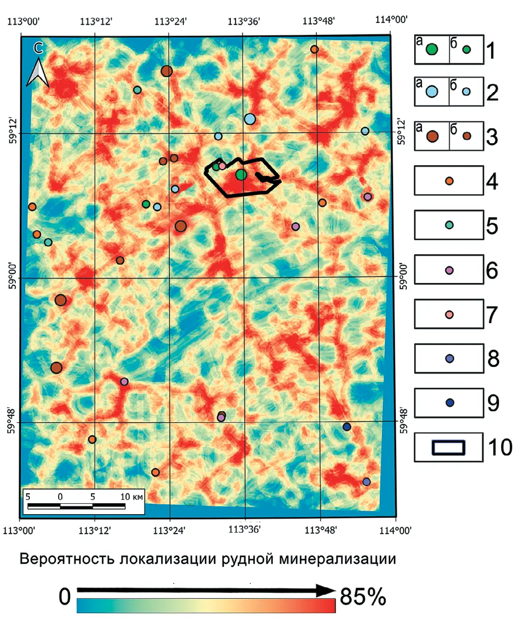 Рис. 2 Весовая структурная прогнозно-поисковая модель района Туюканского рудного узла (площадь государственной геологической карты О-49-XII масштабом 1:200 000):