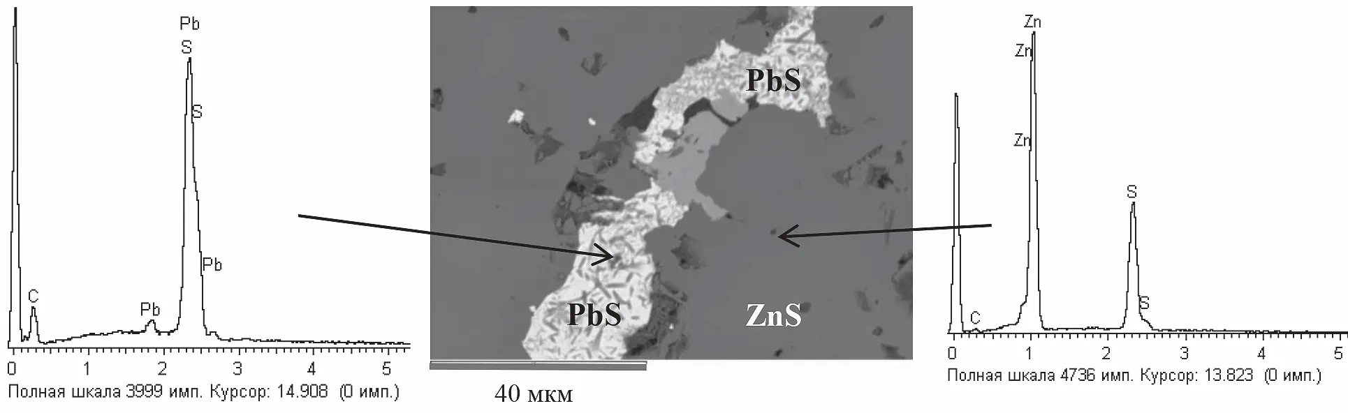 Рис. 2 Микрофотография поверхности аншлифа сфалерита  с включениями галенита (б) и энергодисперсионные спектры  галенита (а) и сфалерита (в) после контакта  c ПирроДТК (электронный микроскоп LEO 1420VP) Fig. 2 A microphotograph of the surface of a sphalerite polished section  with inclusions of galena (б) and energy-dispersive spectra  of galena (а) and sphalerite (в) after contact with  Pyrrho-DTC (LEO 1420VP electron microscope)