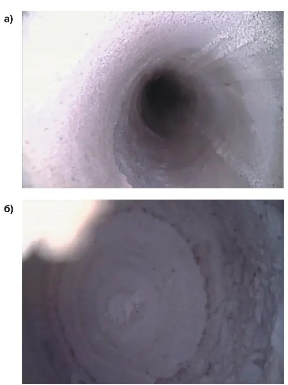 Рис. 3&nbsp;Фотографии, сделанные видеоэндоскопом из закладочной скважины:&nbsp;а – вход в закладочный массив;&nbsp;б – забой скважины Fig. 3&nbsp;Photographs taken with a video endoscope from inside of the backfill borehole:&nbsp;a – entry into the backfill mass;&nbsp;б – borehole bottom
